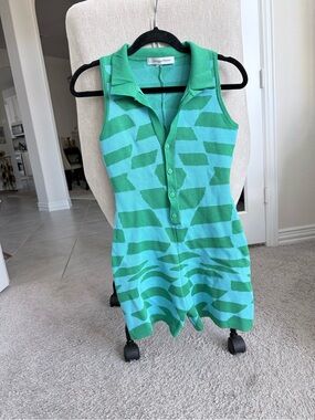 Sleeveless Polo Knit Romper in Aqua and Green